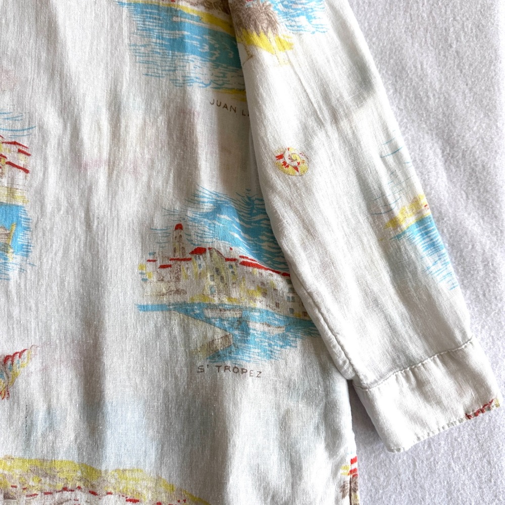 Calypso St Barth L Linen Postcard Print Shirt Dress Monaco Menton Nice Roll Tab - Picture 6 of 16